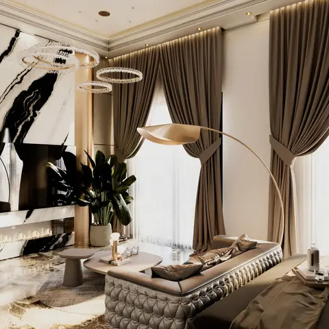 Bedroom seating nook with a tufted velvet bench and marble-clad feature wall with an inset linear fireplace, framed by floor-to-ceiling drapes.