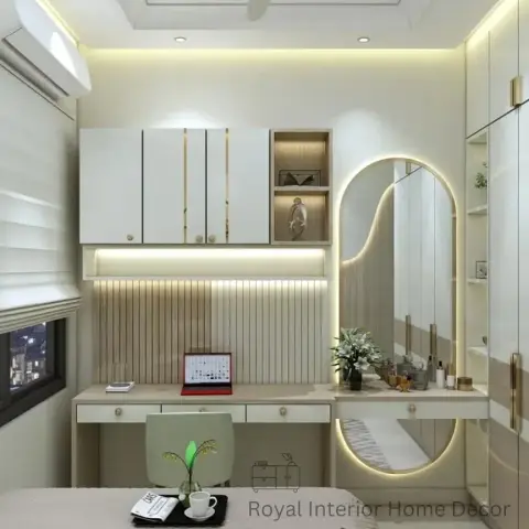 Bedroom study-and-dressing wall in ivory and champagne: fluted beige backing under a run of overhead cabinets with gold inlay handles