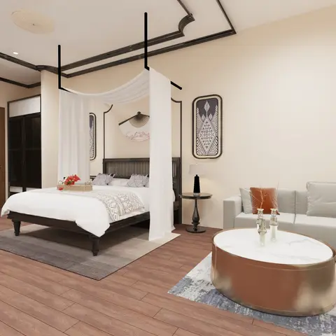 Bedroom suite with a black four-poster canopy bed draped in white sheer curtains, a dark wardrobe
