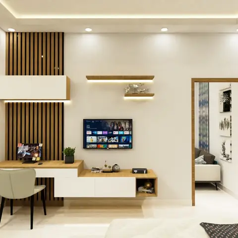 Bedroom TV-and-desk wall: a floor-to-ceiling teak slat panel with a white overhead cabinet, a wall-mounted TV between two backlit floating shelves