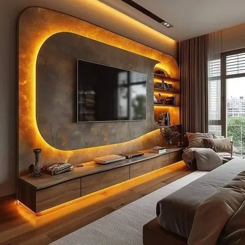 Bedroom TV wall in a backlit oval stone-textured niche with warm amber cove lighting, a floating wood console, and built-in display shelving.