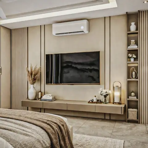 Bedroom TV wall in beige fluted panelling split by slim brass reveals, a floating four-drawer console under the brass-framed screen