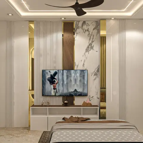 Bedroom TV wall of ivory fluted panels split by a walnut vertical band and a book-matched white marble slab