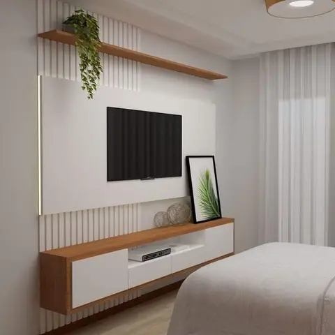Bedroom TV wall render: a wall-hung teak-and-white console and a matching high shelf with a trailing pothos