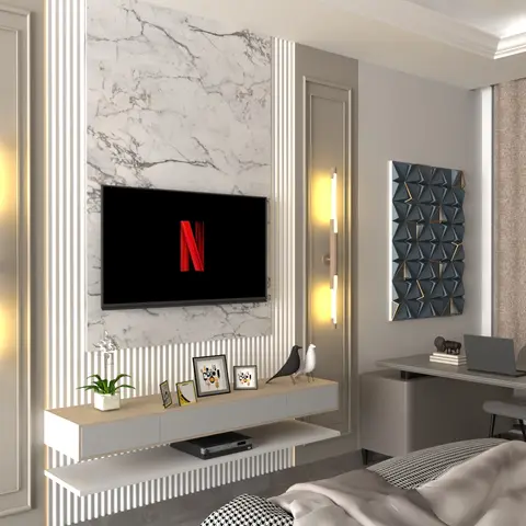 Bedroom TV wall render: white fluted panelling around a bookmatched marble backdrop, tubular wall lights either side, floating two-tier console below