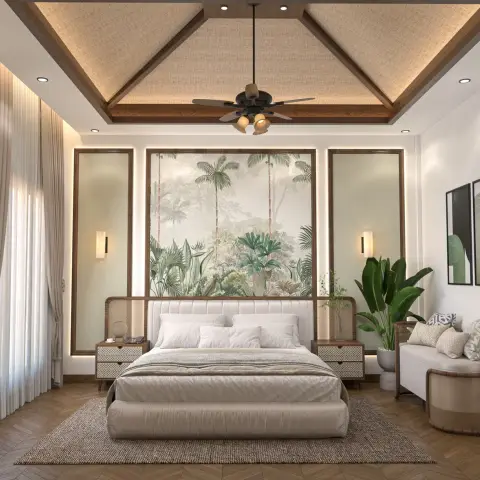 Bedroom under a mitred wooden-rafter ceiling with jute infill panels, a pale tropical palm mural flanked by two backlit sage panels