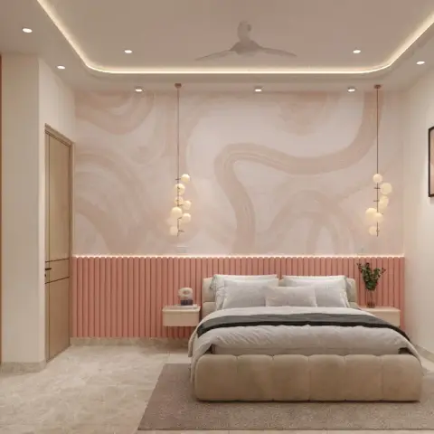 Bedroom where a blush swirl mural runs above a salmon fluted dado with a lit ledge, twin strings of frosted bubble pendants drop to floating nightstands