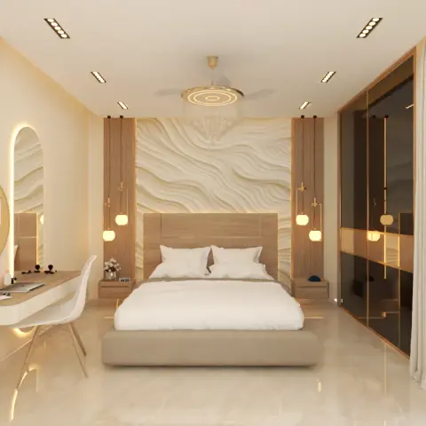 Bedroom where a carved wave-relief panel fills the headboard wall between two fluted wood strips hung with brass globe pendants