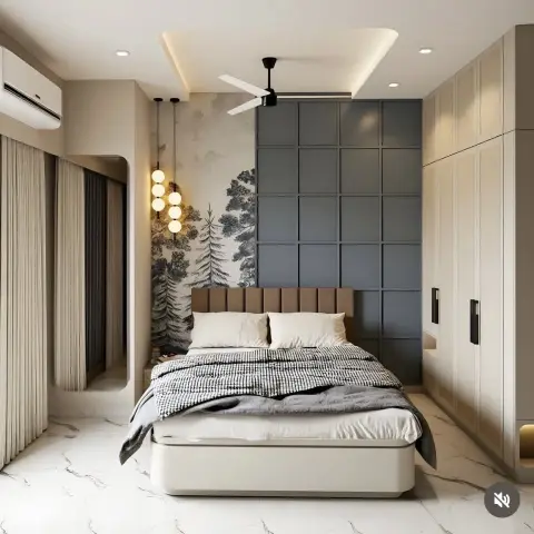 Bedroom where a pine-forest sketch mural runs up one side of the headboard wall and a slate-blue grid-panelled section covers the other