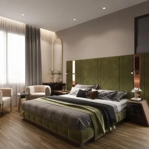 Bedroom where an olive velvet upholstered wall in wide vertical panels wraps behind the bed and around to a copper-lined return carrying swing-arm reading
