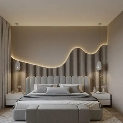 Bedroom where the wood-slat panelling is cut to a long wave along its top edge and traced with a warm LED line