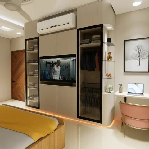 Bedroom whose whole facing wall is a fluted beige wardrobe run with black-framed glass sections and a TV recessed mid-height