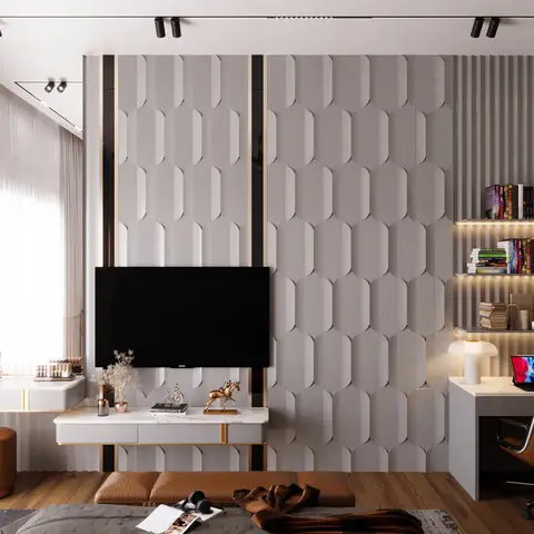 Bedroom with a 3D geometric accent wall behind a floating TV console and dressing table, alongside a built-in study desk with backlit bookshelves.