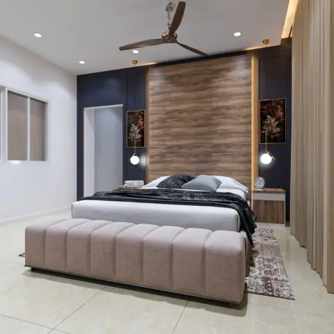Bedroom with a backlit wood-panel headboard wall flanked by dark navy niches, small framed botanical art on hanging cords