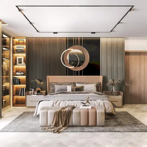 Bedroom with a blush velvet channel-tufted headboard against a dark fluted-panel accent wall, an interlocking circular sculptural mirror above the bed