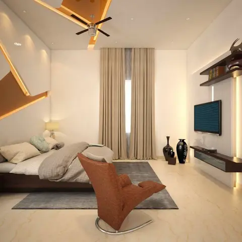 Bedroom with a bold angular gold-lit POP ceiling, a floating wood platform bed with integrated nightstand, a wall-mounted TV on a floating console