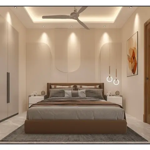 Bedroom with a brown upholstered bed against an arched recessed wall-panel backdrop, twin ring pendant lights beside the headboard