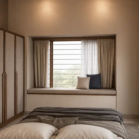 Bedroom with a built-in window seat cushioned in beige beneath sheer curtains, facing an unmade bed and a diamond-patterned wardrobe.