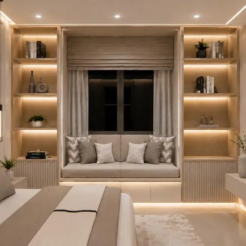 Bedroom with a channel-tufted upholstered headboard, a built-in window seat flanked by lit display shelving, and a fluted-panel TV wall.