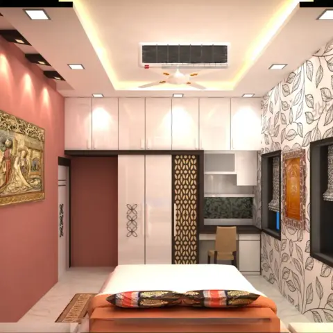 Bedroom with a coral pink accent wall featuring a carved religious relief panel, a black-and-white botanical wallpaper wall with recessed display niches