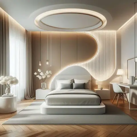 Bedroom with a curved backlit fluted panel wall wrapping into a circular cove-lit ceiling ring above a low platform bed