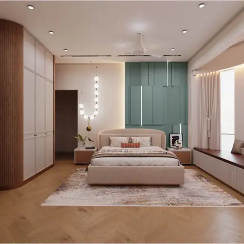 Bedroom with a curved fluted wardrobe wall, a teal fluted panel accent wall behind the bed
