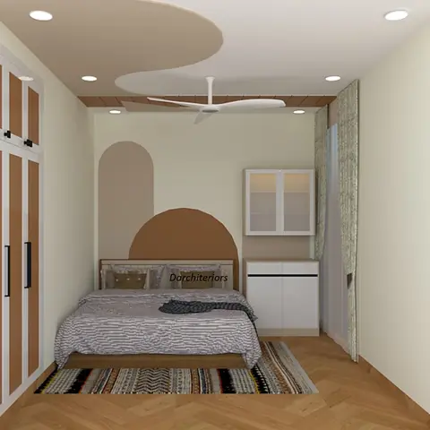 Bedroom with a curved terracotta arch headboard wall, a two-tone wardrobe, a wave-shaped cove ceiling, and a herringbone wood floor with a striped kilim rug.