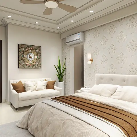 Bedroom with a damask-patterned wallpaper accent wall, tufted cream headboard, a brown-and-white striped throw folded across the foot of the bed