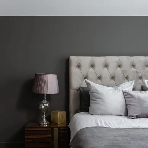 Bedroom with a dark charcoal accent wall behind a button-tufted grey velvet headboard, a dark wood nightstand with a mauve lamp