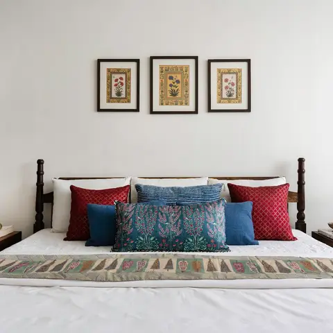 Bedroom with a dark wood four-poster bed dressed in red, blue and indigo block-print cushions, a folded embroidered throw at the foot, brass table lamps