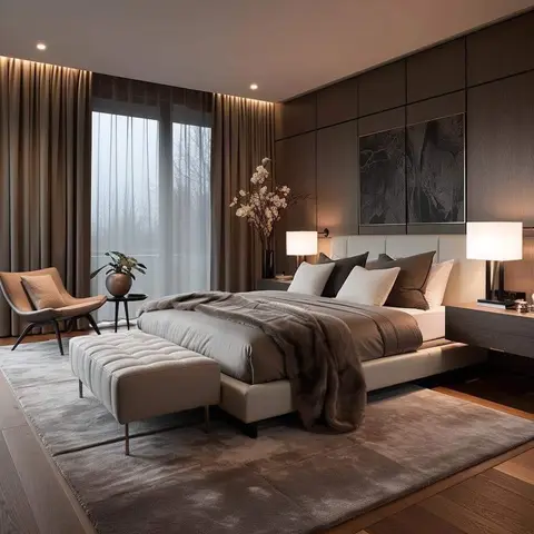 Bedroom with a dark wood panelled headboard wall hung with abstract art, an upholstered bed layered with a fur throw, and sheer floor-to-ceiling curtains
