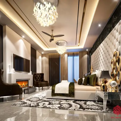 Bedroom with a diamond-tufted cream headboard wall, a gold-trimmed cove ceiling with two shell chandeliers
