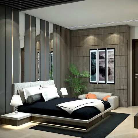 Bedroom with a floating platform bed on an under-lit base against a mirrored and wood-slat feature wall.