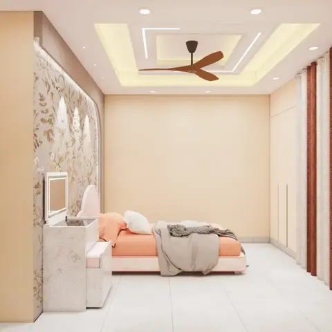 Bedroom with a floral wallpaper accent behind a lit dressing-table mirror, a stepped cove-lit false ceiling and rust-striped curtains.