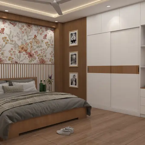 Bedroom with a floral wallpaper feature wall behind a wood-slat headboard panel, a two-tone sliding wardrobe, and an open display shelf beside the entry door.