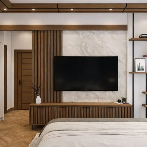 Bedroom with a fluted wood-and-marble TV feature wall, matching wood console, a black-framed ladder shelving unit, and chevron wood flooring.