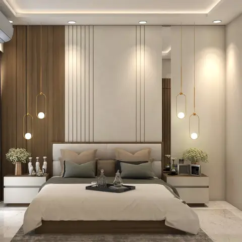 Bedroom with a fluted wood and white-grooved panel headboard wall, flanked by pairs of hanging gold pendant lights over symmetrical nightstands.