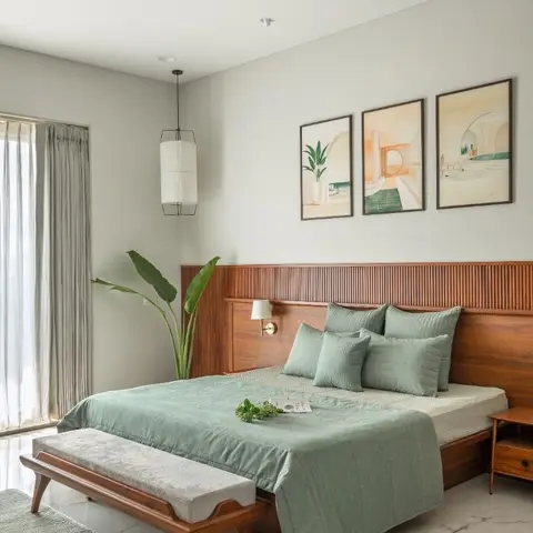 Bedroom with a fluted wood headboard wall, sage green linen bedding, a wood bench at the foot of the bed, and a triptych of framed art above.