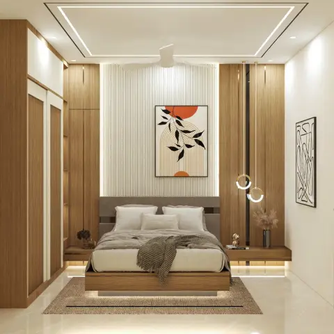 Bedroom with a fluted wood wardrobe and headboard wall, twin ring pendant lights, floating wood nightstands, and a botanical line-art print above the bed.