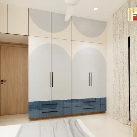 Bedroom with a four-door wardrobe featuring an arched two-tone pattern and glossy navy-blue lacquered drawer fronts, a wood flush door