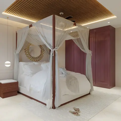 Bedroom with a four-poster canopy bed draped in sheer curtains, a wood-lattice ceiling with cove lighting, a sunburst gold mirror, and a wine-maroon wardrobe.