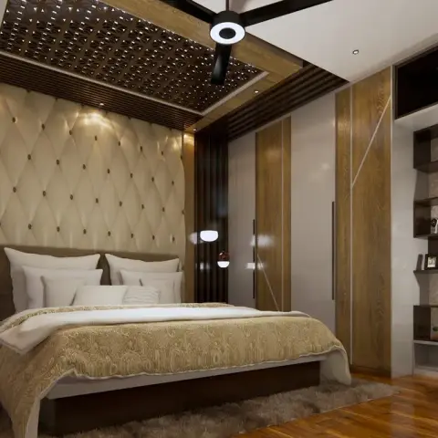 Bedroom with a full-height diamond-tufted headboard wall lit from above, a CNC-cut dark timber jaali ceiling panel over the bed
