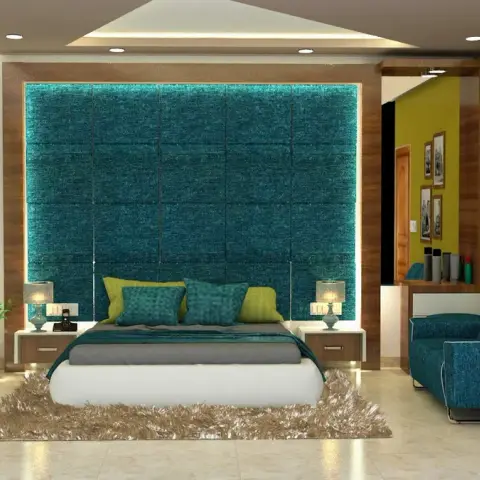 Bedroom with a full-height teal tufted headboard wall glowing with cove lighting, an olive accent wall hung with a photo gallery