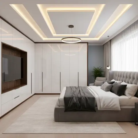 Bedroom with a full-height white gloss wardrobe run turning the corner into a walnut-lined TV niche