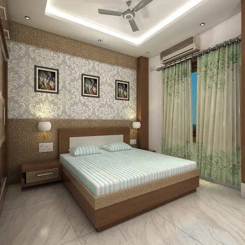 Bedroom with a grey damask wallpaper panel above a mosaic-textured wall, three framed Krishna prints, a wood platform bed