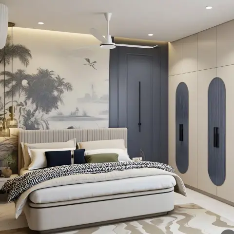 Bedroom with a grey palm-and-heron toile mural behind a vertically channelled cream headboard, cluster of amber glass pendants dropping to the left nightstand
