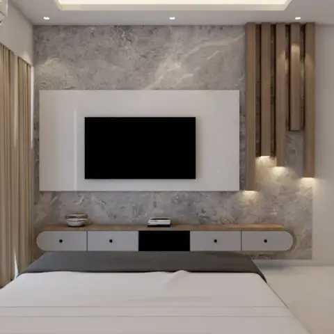 Bedroom with a grey stone-effect TV feature wall bordered by a vertical wood-slat accent strip with profile lighting