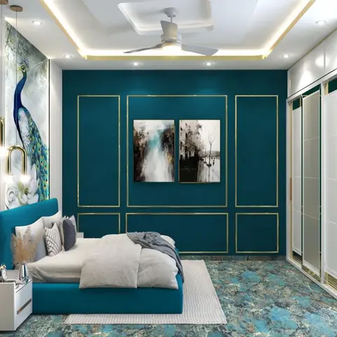 Bedroom with a jewel-teal accent wall framed in gold-trimmed panel moulding, a peacock mural niche