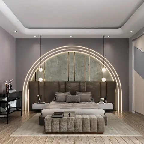 Bedroom with a king bed against a backlit arch of concrete-textured wall panelling with brass fluted strip inlays