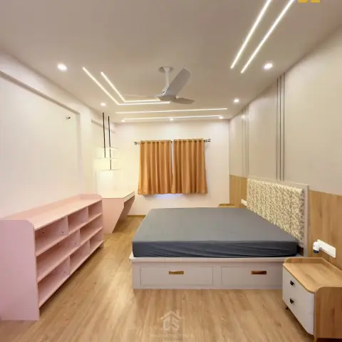 Bedroom with a low white platform storage bed and a floral-upholstered headboard on a wood-laminate back band